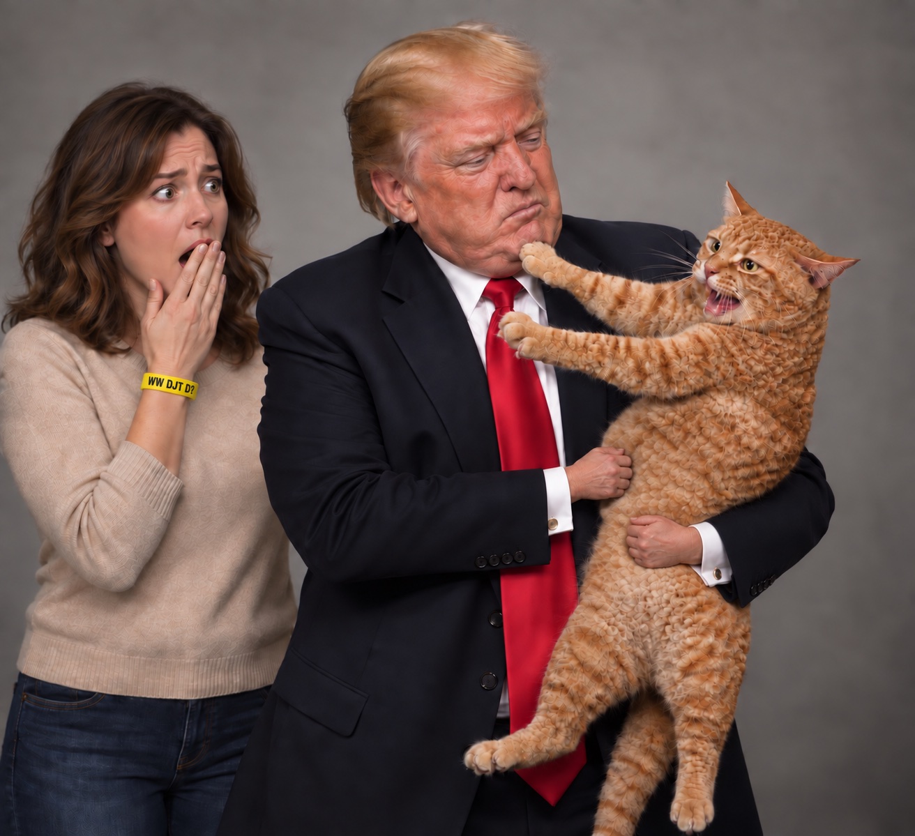 Trump clutching an angry orange cat that shoves his face away while a woman wearing the yellow WW · DJT · D?™ bracelet gasps